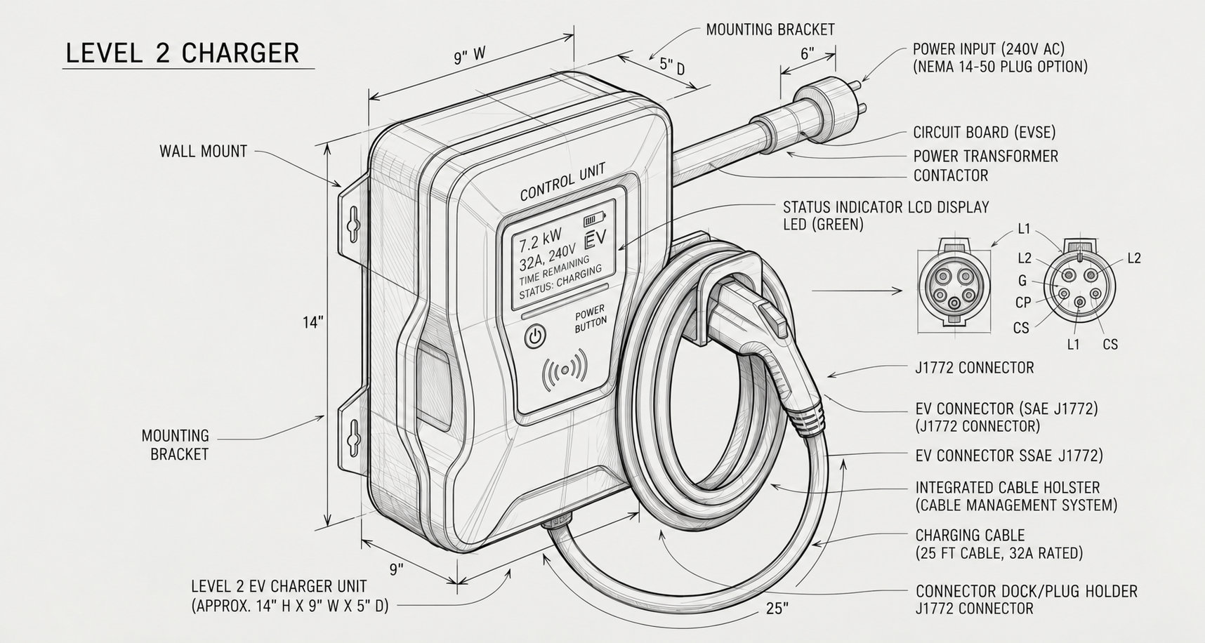 Exploded technical drawing of a level 2 charger