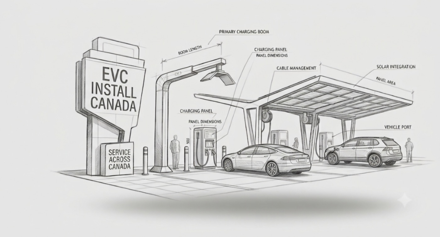 Technical drawing of a charging station and solar canopy
