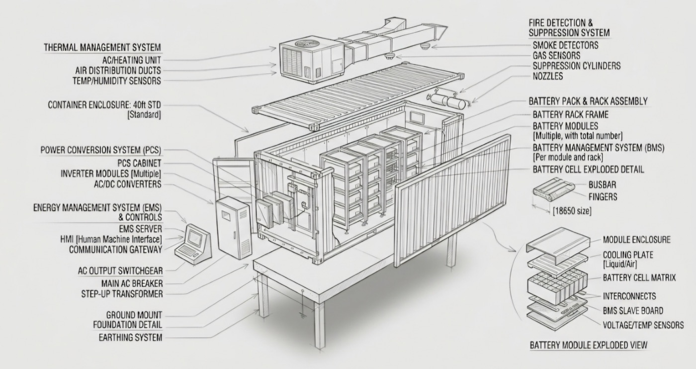 Exploded technical drawing of a battery energy storage system