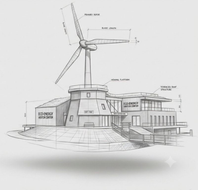 Technical drawing of a wind turbine beside a building